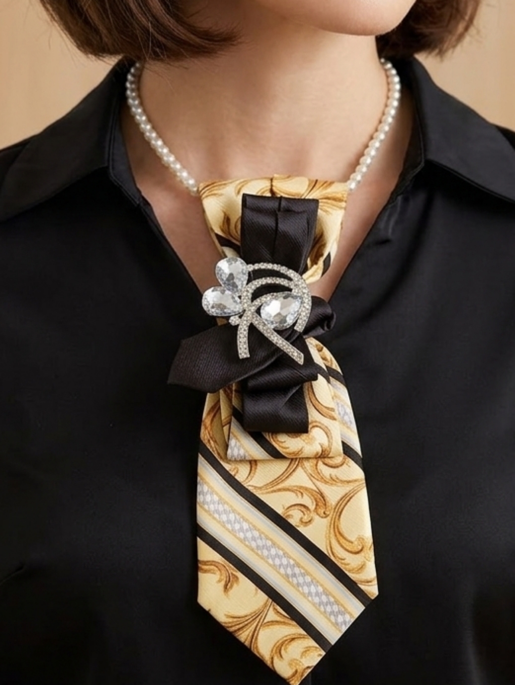 Elegant Pearl Necklace With Gold-Patterned Silk Bow Accent
